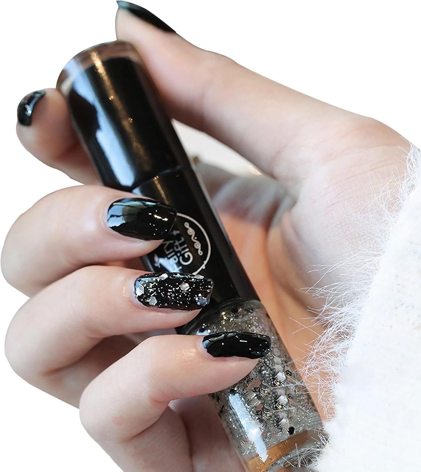 TBeautfave Black Nail Varnish, 2in1 Glitter Quick Dry Nail Polish