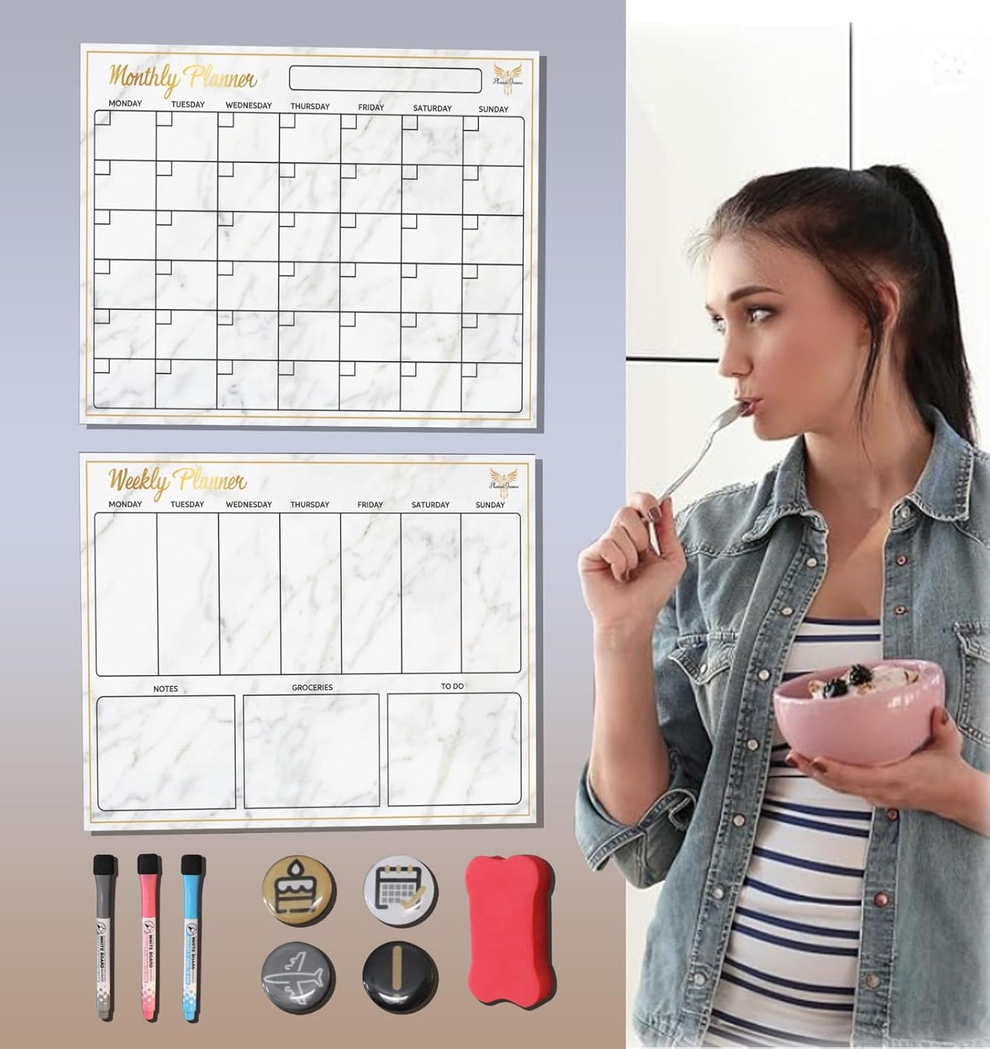 Magnetic Refrigerator Calendar, 18 pc Magnetic Monthly Calendar, Calendar and Weekly Planner, Dry Erase Planner for Wall Fridge or White Board, Fridge Calendar