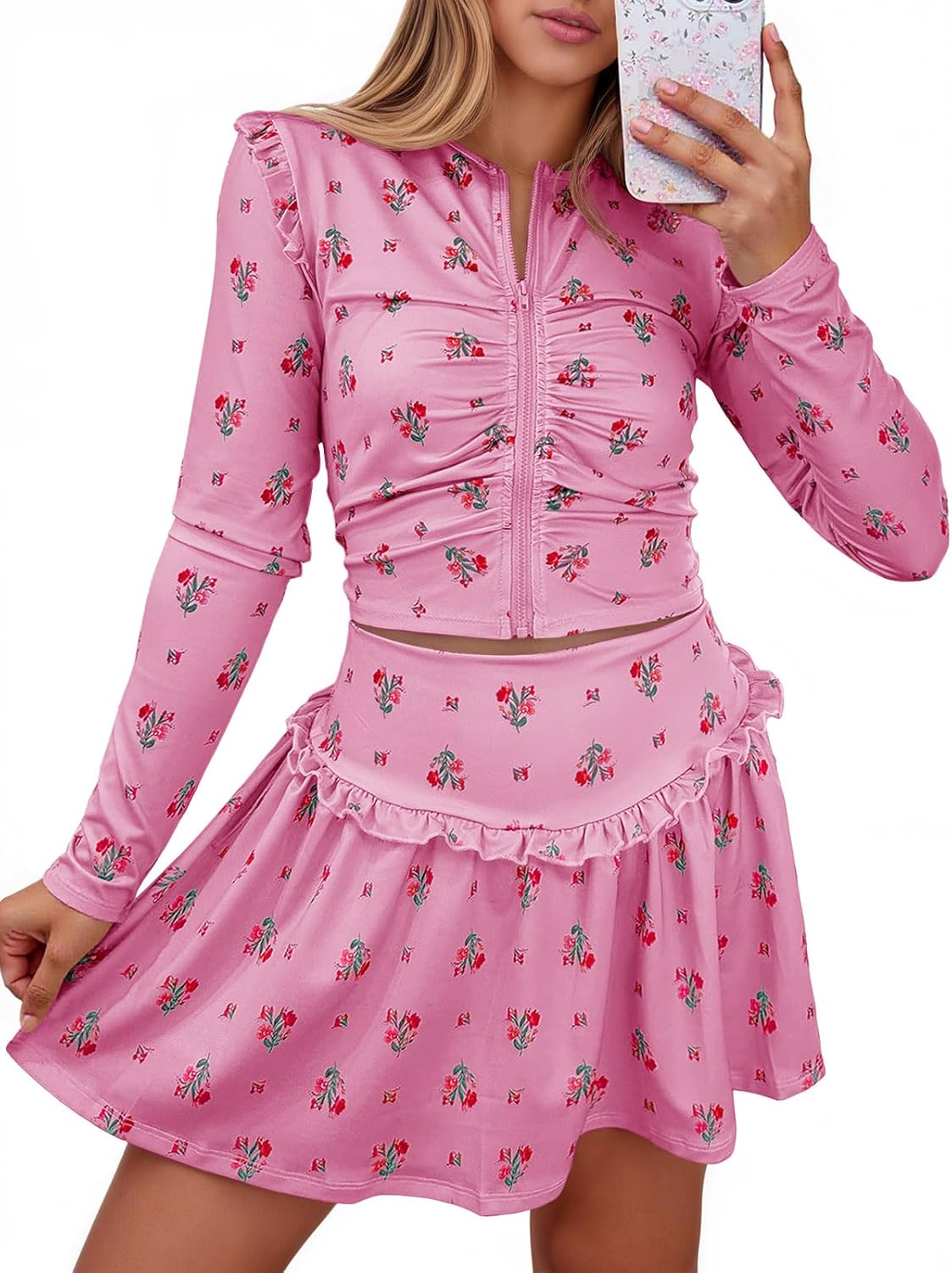 Fisoew Womens 2 Piece Outfits Floral Skort Sets Zip Up Crop Tops Mini Skirts Y2K Ruffle Vacation Clothes