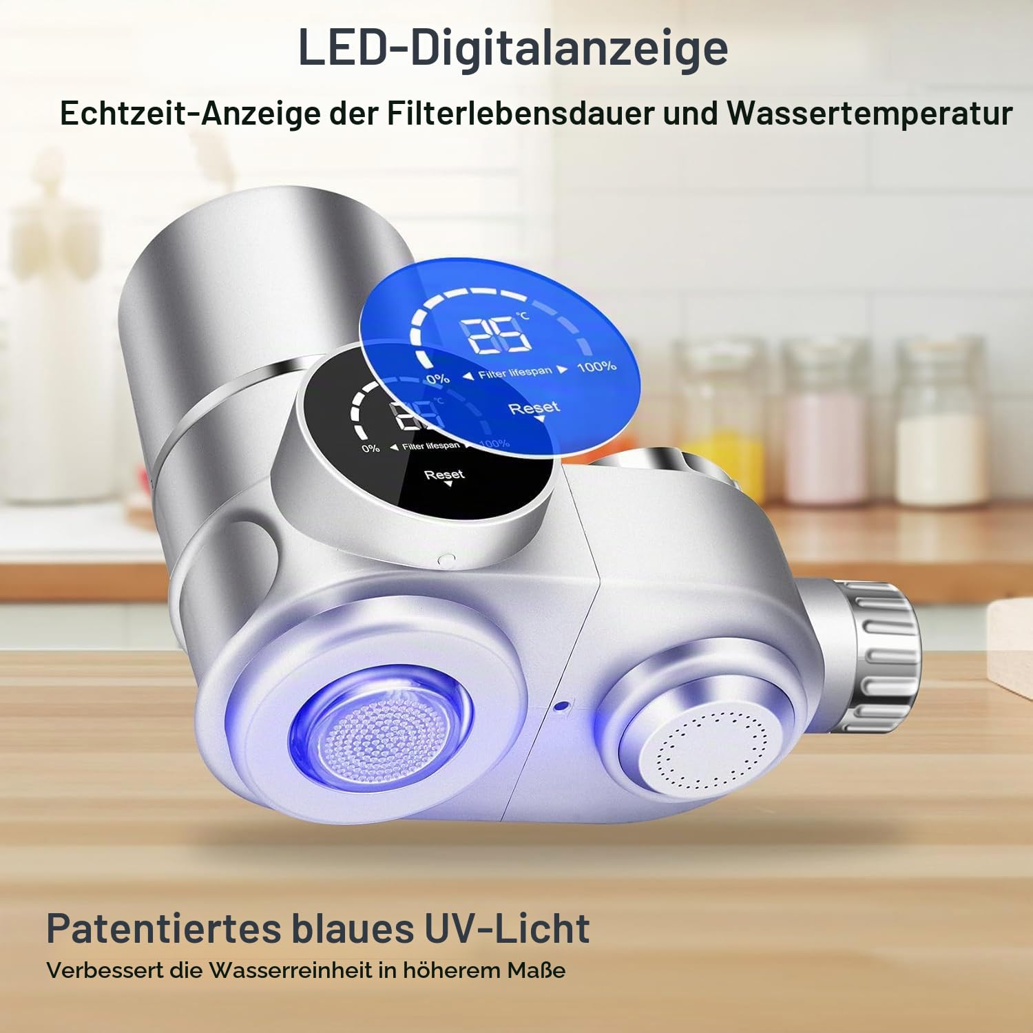Wasserfilter wasserhahn mit 3 filterelement, Wasser filtersystem trinkwasser mit UV-Licht und LED Anzeige, Entfernt Blei, Chlor und Schwermetalle