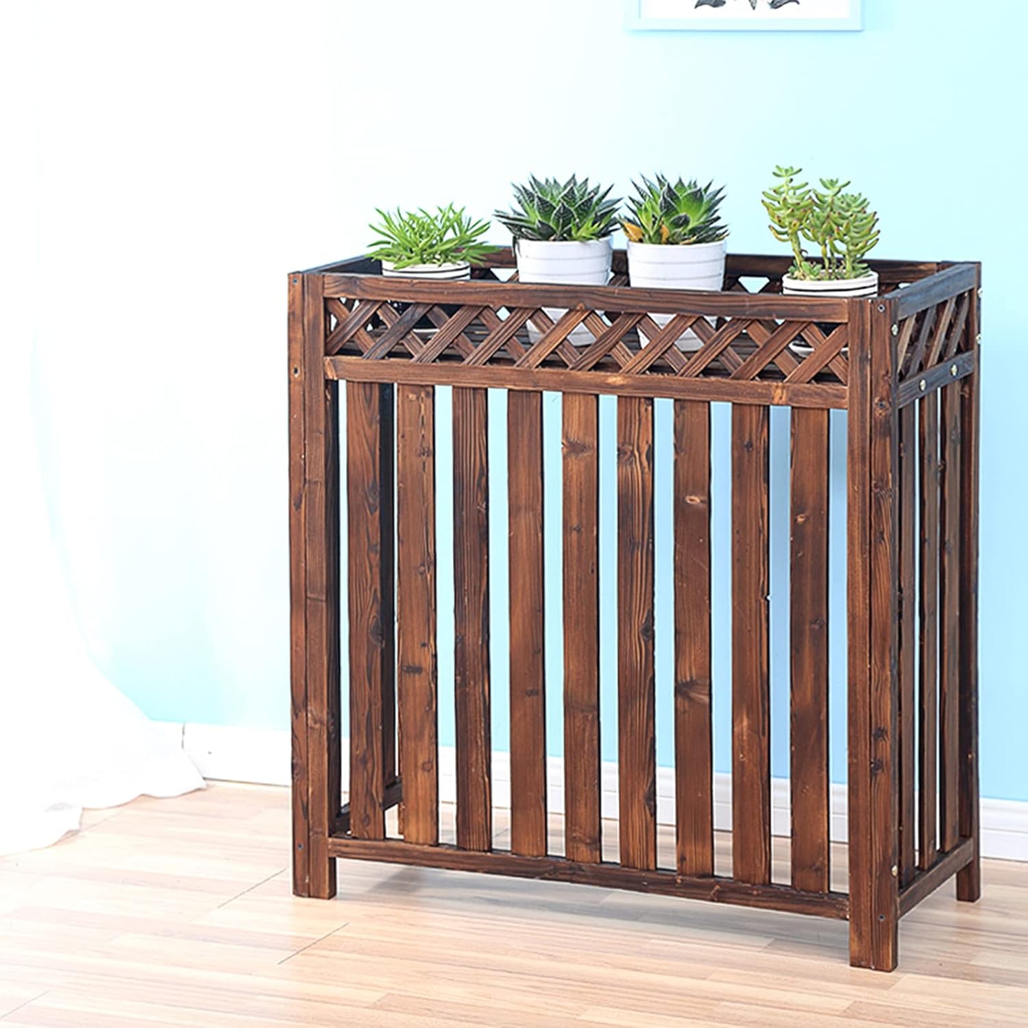 Air Conditioner Cover,Floating Shelves Outdoor Flower Stand for air Conditioner, Balcony carbonized Solid Wood air Conditioning Decorative Flower Stand Wooden Shelf, Solid Wood Flower Pot Rack