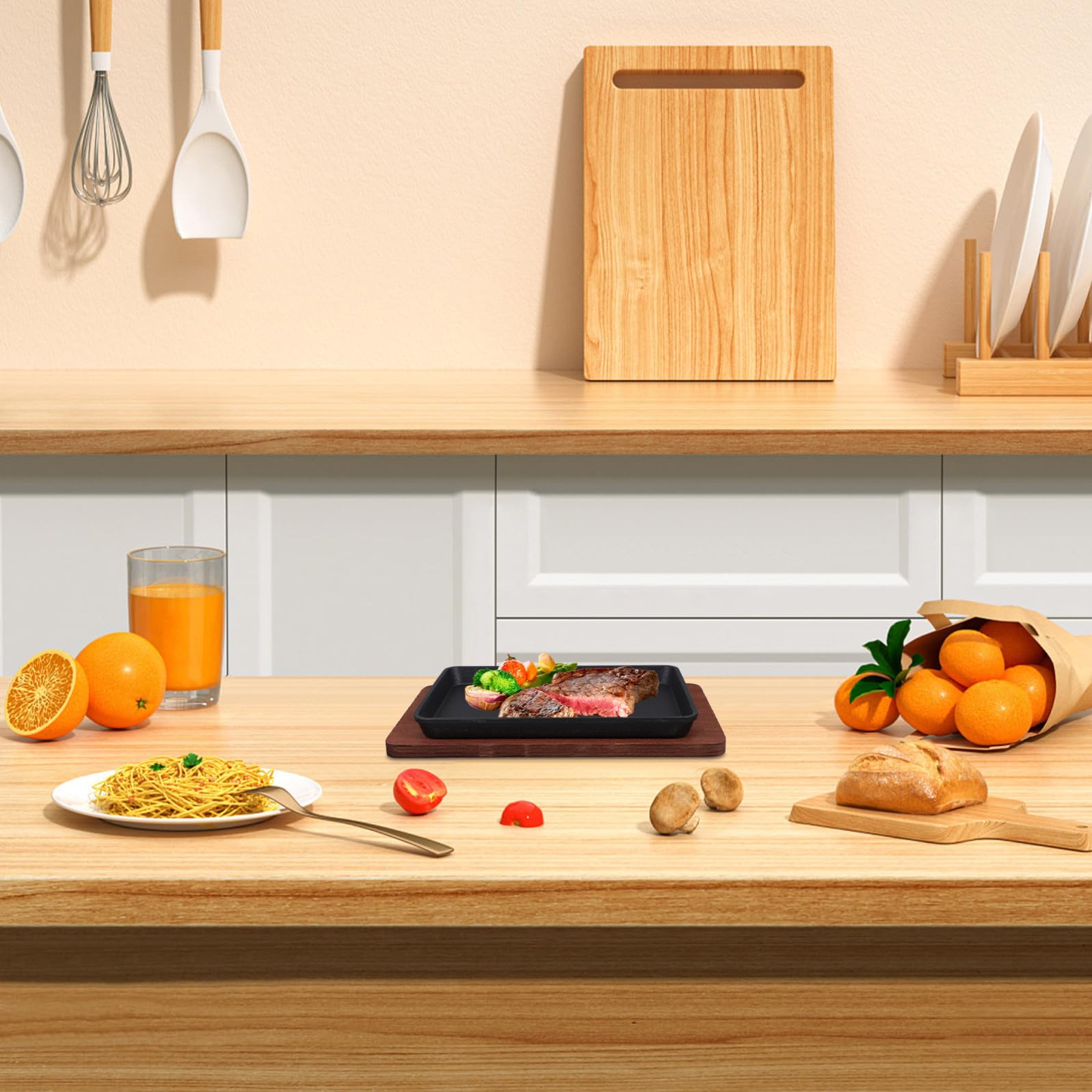 Padella Quadrata Versatile e Resistente con Base in Legno di Faggio in Ghisa per Cucinare Bistecche e Grigliare in Cucina o Ristorante