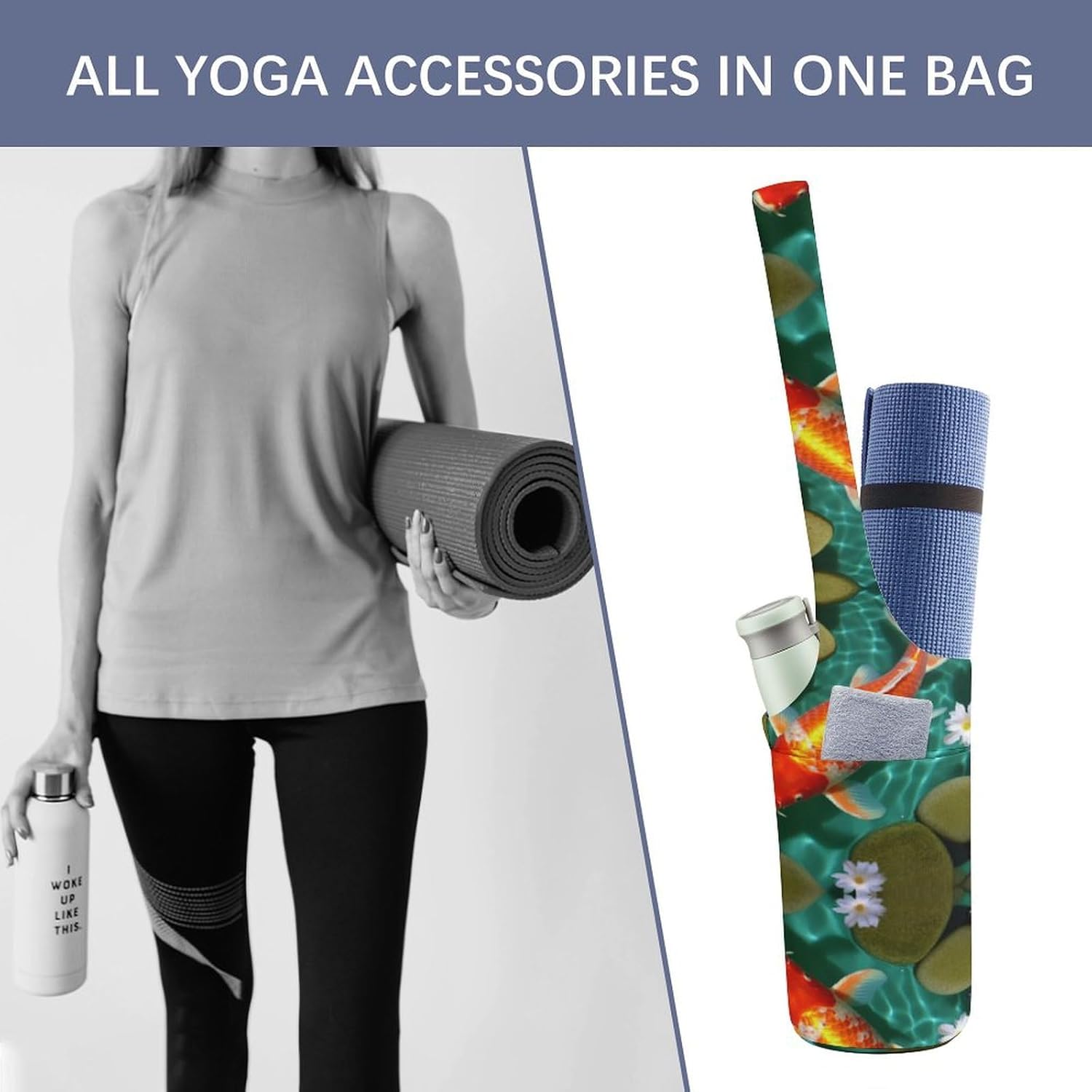 Canvas Yoga Bag,Japanese Carp Printed Yoga Mat Handbag,Portable Yoga Mat Bag Large Capacity Gym Bag for Men Women Pilates Beach Travel