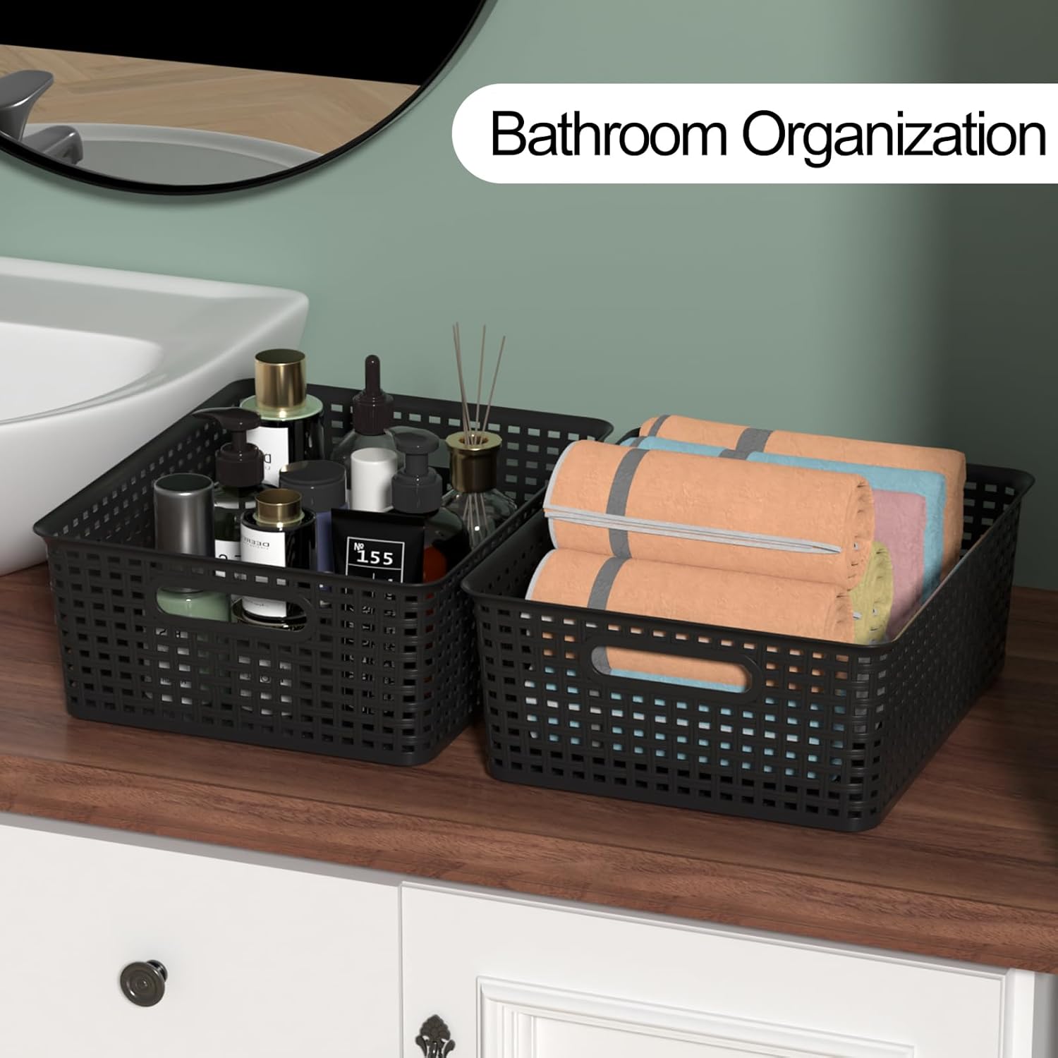 6 Packs Plastic Woven Storage Basket with Lids, Lidded Storage Basket Bin for Shelves, 14.05" L x 11.65" W x 5.31" H, Black