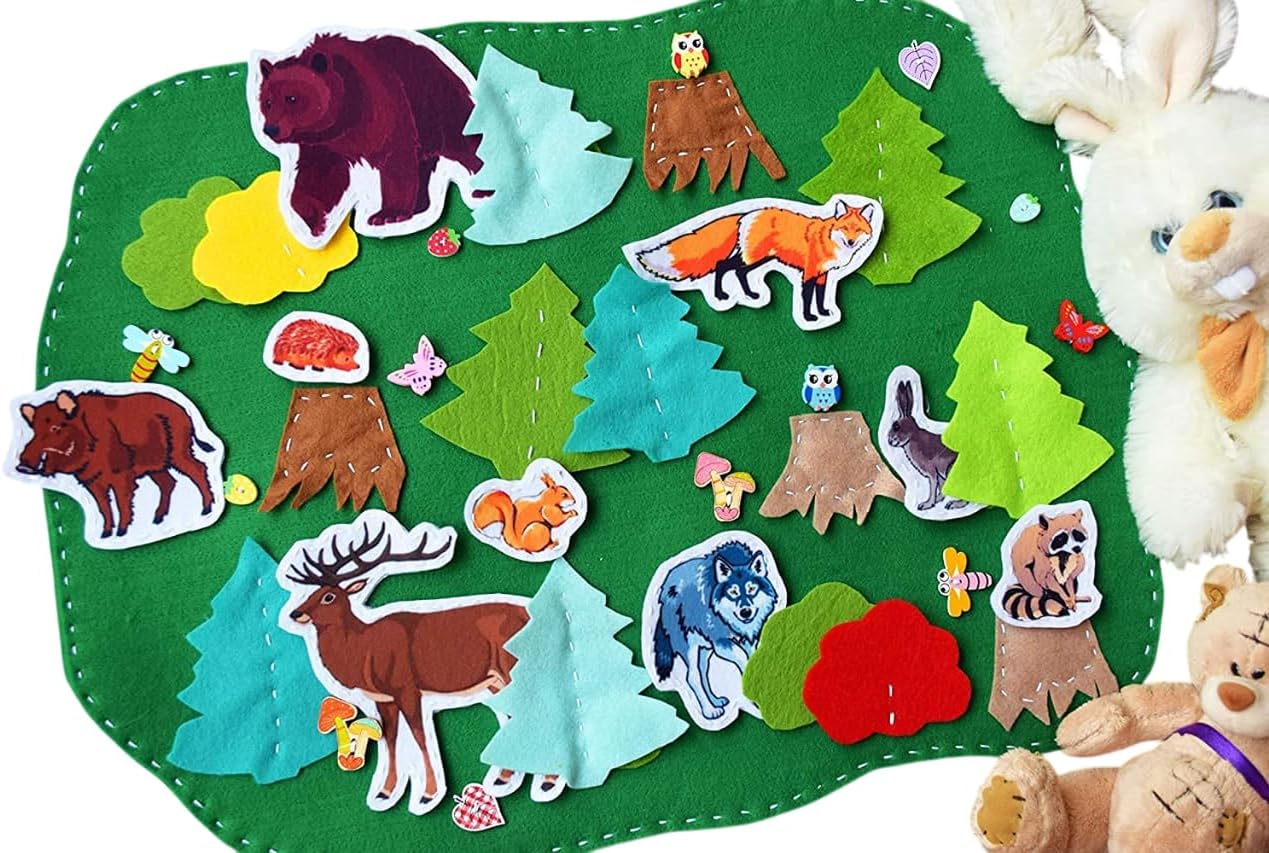 Magnetic Wild Animal Play Mat Playscape Toy Forest Montessori Waldorf Educational Game Zoo Felt Pretend Play Play Mat Set Flannel Board Educational Kids Small World Playscape Wildlife