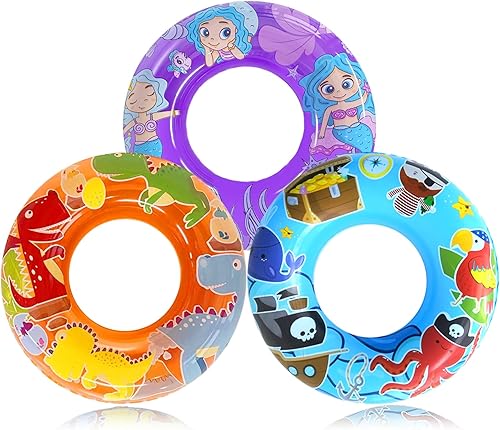 Paquete de 3 flotadores de piscina para niños con diseño de dinosauriopiratasirena, juguetes de piscina para niños pequeños, anillos de natación