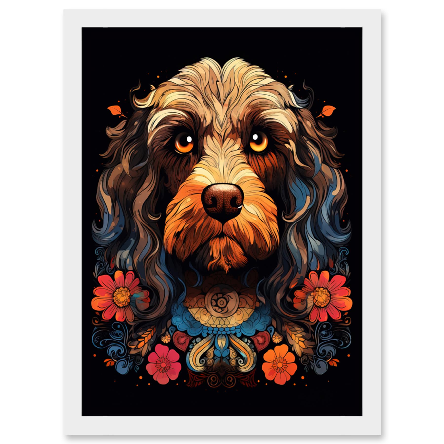 Artery8 Cockapoo Dog with Ornate Collar and Flowers Symmetrical Floral Artwork Orange Pink Blue Tribal Design on Black Artwork Framed Wall Art Print A4