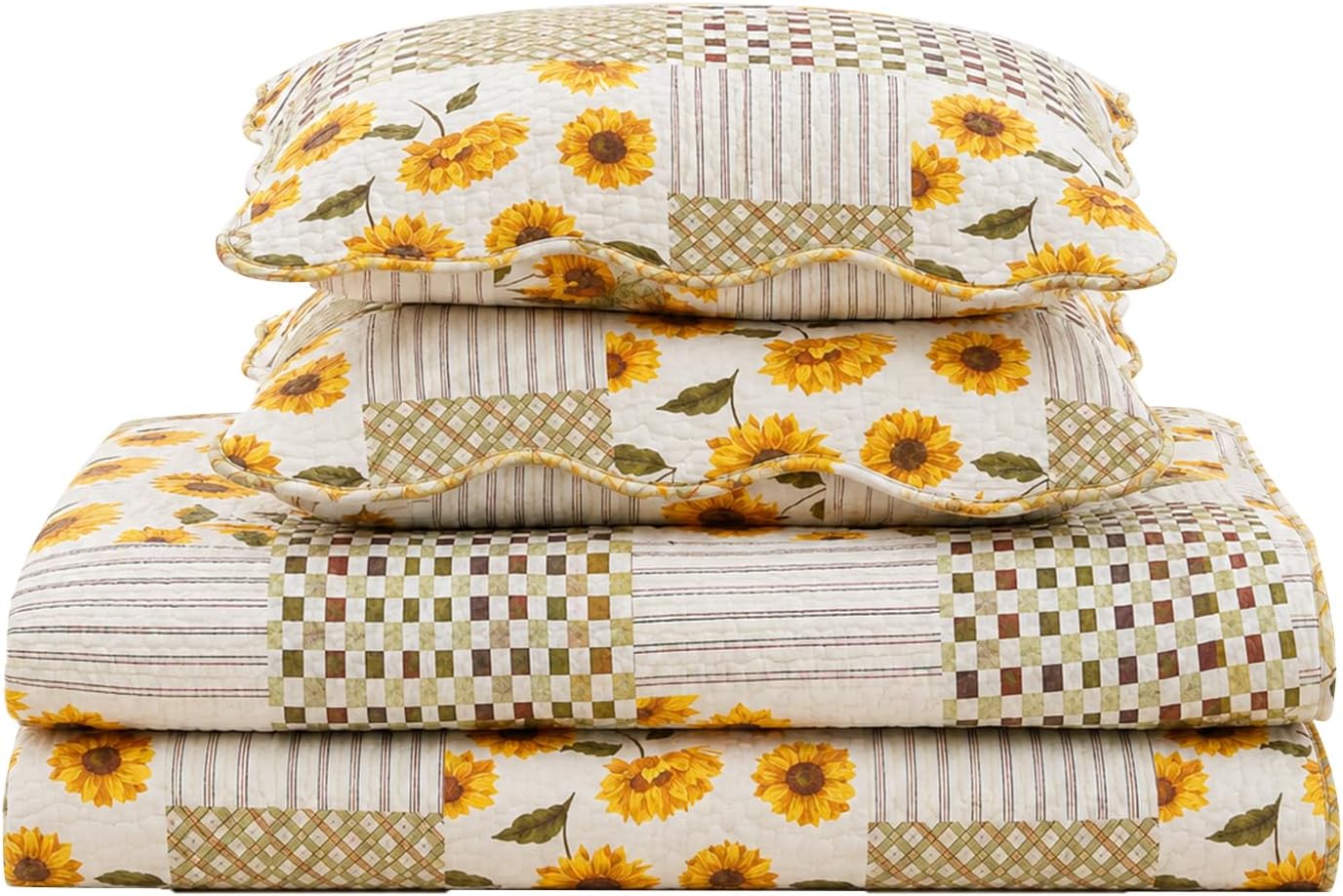 BOV Oversized Cotton Sunflower Quilt Set King 104x103 Farmhouse Bedding | Oversized king quilt set featuring cheerful sunflower prints, soft cotton fabric and lightweight comfort