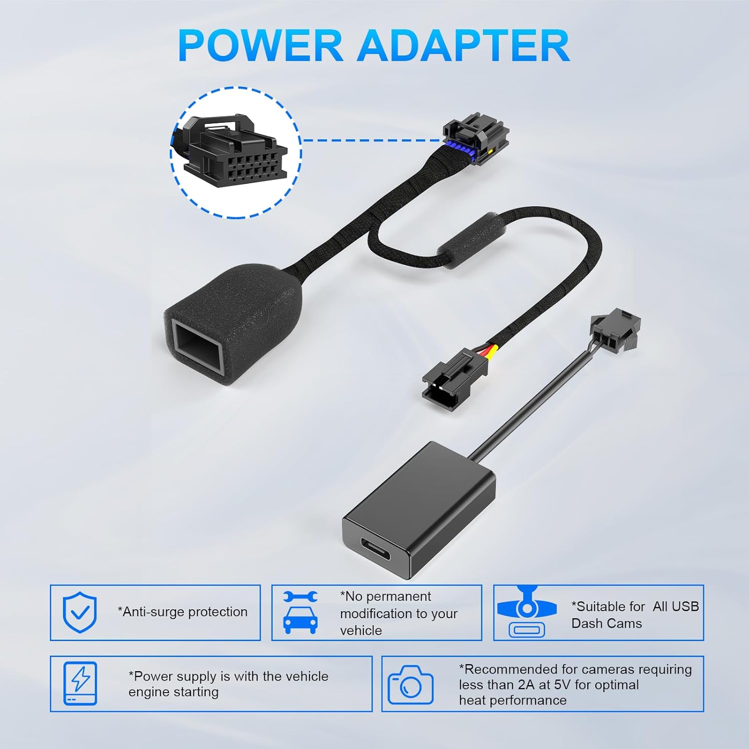 DashCam Power Adapter for Hyundai, Kia & Genesis with 12-Pin Lane Keeping Assist Port (Model B)– Hidden Cable Kit for GPS Radar Mirror Camera, Plug & Play,Connector Located on the Front of the Module