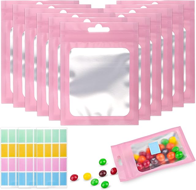 Lamondre Ziplock Bags 100 Pcs Resealable Holographic Bags with 80 Pcs Self Adhesive Stickers Pink Clear Packaging Bags Cute Foil Pouch Mylar Bags for Jewelry Food Self Sealing Storage (12x18cm)