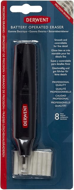 Derwent Battery Operated Eraser Pen, Includes 8 Replacement Erasers, Suitable For Graphite, Coloured & Pastel Pencils, Professional Quality, 2301931