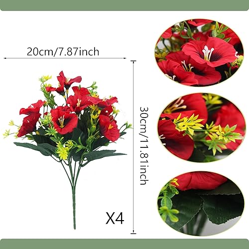 Miniatura 2 de 4 paquetes de flores artificiales para exteriores, resistentes a los rayos UV, flores artificiales rojas falsas para colgar en el jardín, porche,