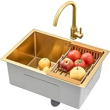 Brushed Gold Single Bowl Stainless Steel Kitchen Sink Square Recessed Or Undercounter Kitchen Sink with Faucet and Drain Color Gold, Size 60 40cm