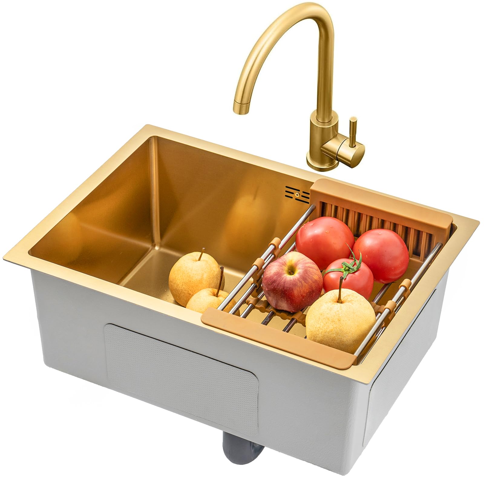 ZQFHSX Brushed Gold Single Bowl Stainless Steel Kitchen Sink Square Recessed Or Undercounter with Faucet and Drain (Color : Gold, Size 60×40cm)