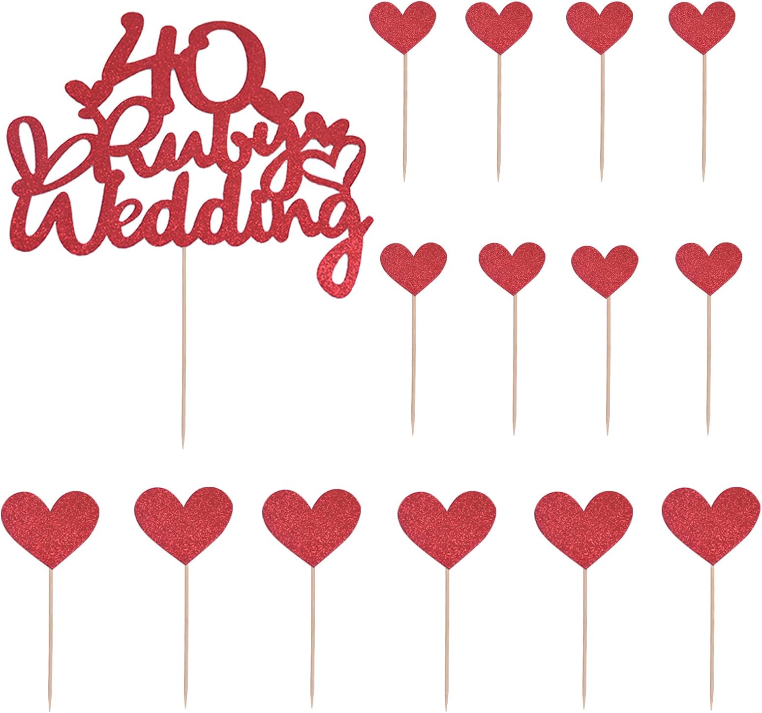 1 Pc 40th Anniversary Cake Toppers, Ruby Wedding Cake Toppers with 14Pcs Heart Cake Decorations Toppers Red 40th Wedding Anniversary Cake Decorations Glitter Cake Topper for Celebration Party Supplies