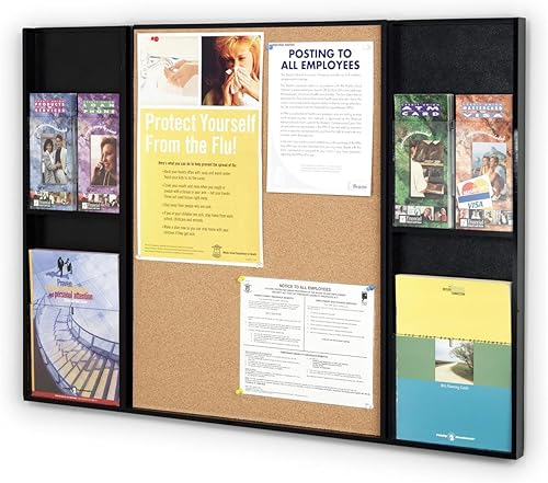 Tablero de anuncios combinado y estante de literatura para uso en pared, incluye superficie de exhibición de corcho y 4 bolsillos para folletos con