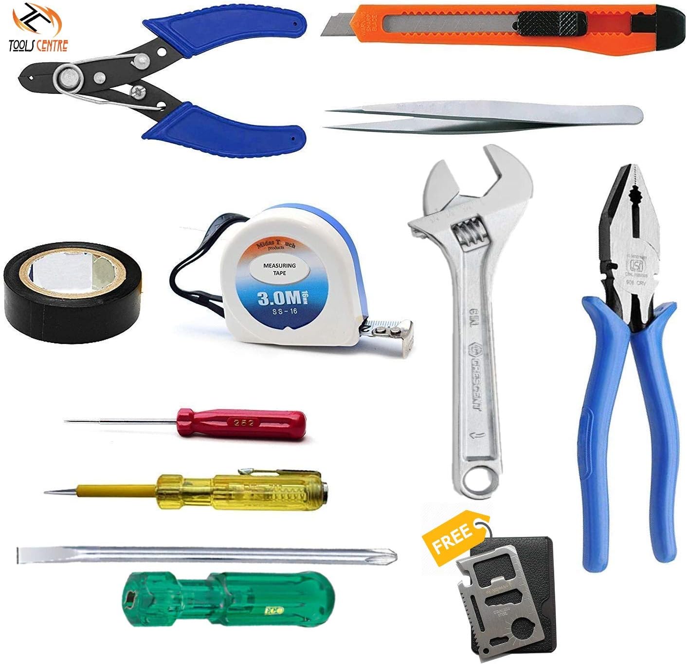 KROST Beginner 11 in 1 Home Tool Kit Set (Plier, Screwdriver Set, Adjustable Wrench, Measuring Tape, Line Tester, Wire Stripper)