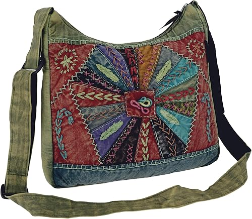 Uniek Boho hippie chic schoudertasje met spiegeltjes patchwork rits drukknoop SPIEGELTJES1 AARDE/BRUIN MULTICOLOR felle kleurtjes - 23 cm x 13 cm x 6 cm | Handtassen