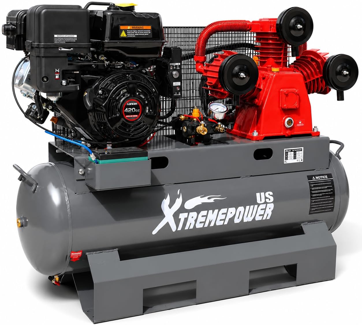 XtremepowerUS 13.0HP Horizontal Air Compressor Tank 30 Gallon Tank Gas-Powered 3-Cylinder Service Truck Mount Workshop, Construction Sites, Machinery