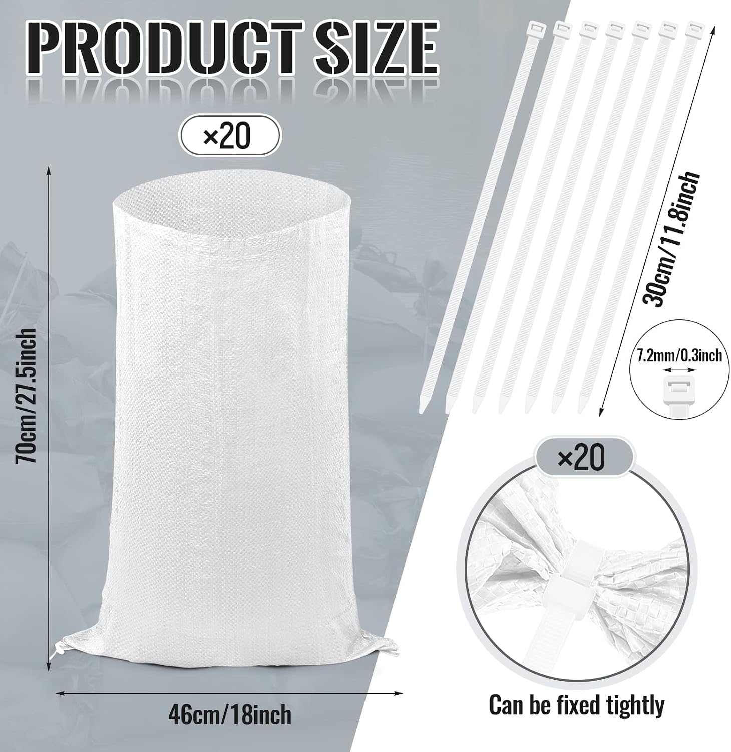 20 Pcs Sandbags for Flooding Heavy Duty Woven Gravel Bags Sandbags and 20 Pieces Ties Soil, Builders for Garden Rubbish Flood(White) - Image 4