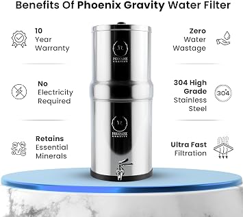 PHOENIX GRAVITY 8 Litre NSF Sertifikalı AISI 304 Paslanmaz Çelik Su Filtresi, 2 Akıllı Karbon Filtre Kartuşu, 2 Florür Giderici Son İşlem Filtre Kartuşu, Paslanmaz Çelik Ayak ve Musluk Dahil