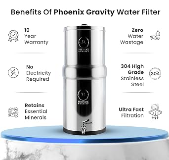 PHOENIX GRAVITY 12 Litre Paslanmaz Çelik Yerçekimli Su Filtresi | NSF Sertifikalı AISI 304 | 2 Akıllı Karbon Kartuşu ve 2 Florür Giderici Son İşlem Kartuşu Dahil | Elektrik veya Tesisat Gerektirmez
