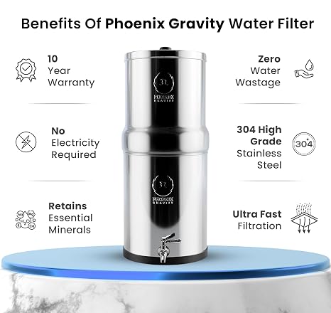 PHOENIX GRAVITY 12 Litre Paslanmaz Çelik Yerçekimli Su Filtresi | NSF Sertifikalı AISI 304 | 2 Akıllı Karbon Kartuşu ve 2 Florür Giderici Son İşlem Kartuşu Dahil | Elektrik veya Tesisat Gerektirmez