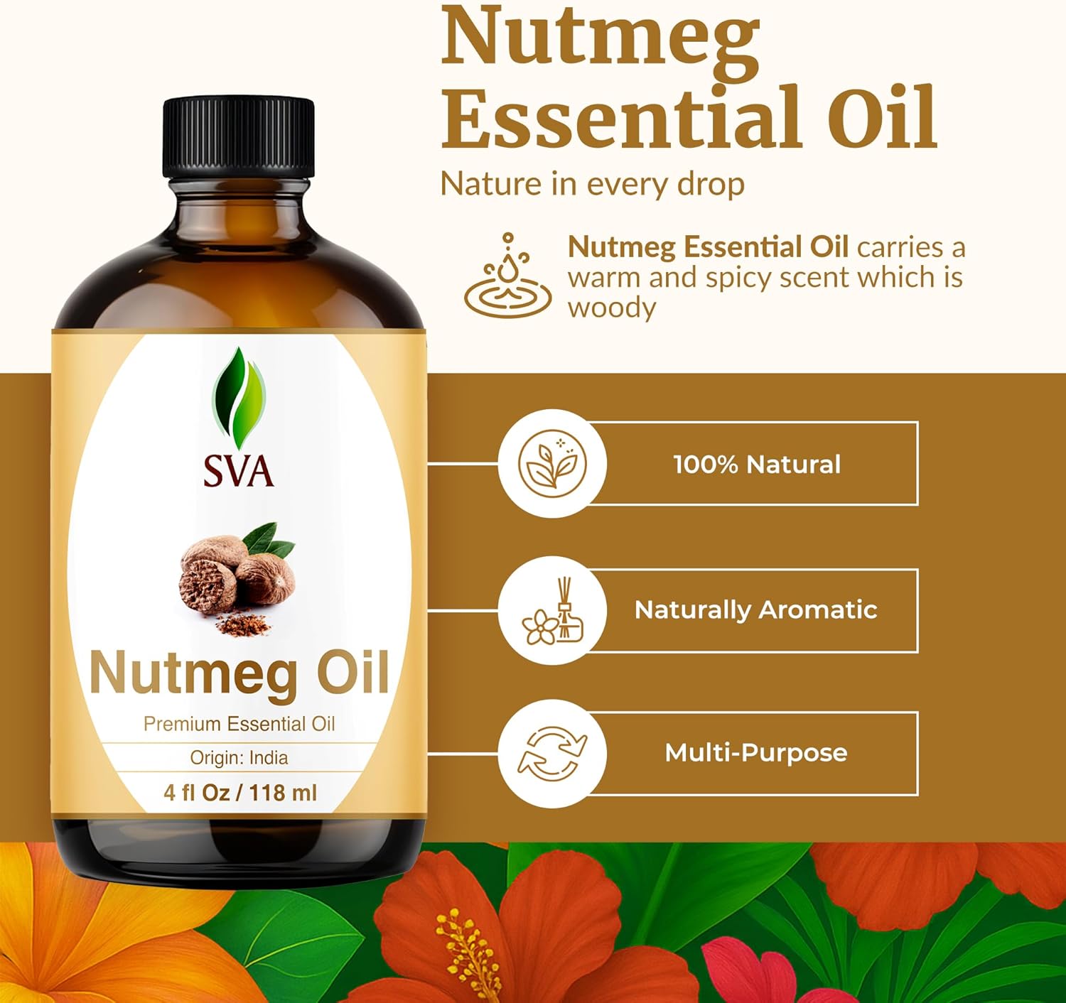 SVA Nutmeg Essential Oil – 4 Fl Oz – 100% Natural Nutmeg Oil - for Diffuser, Hair Care, Face, Skin Care, Aromatherapy, Scalp and Body Massage, Soap and Candle Making – with Dropper