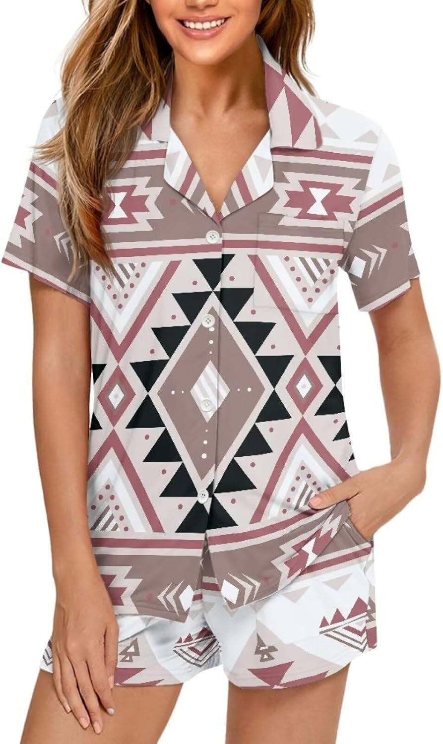 Aztec Button Up Pajamas For Women 3D Print Native American Pattern Women'S Lingerie Sleep & Lounge