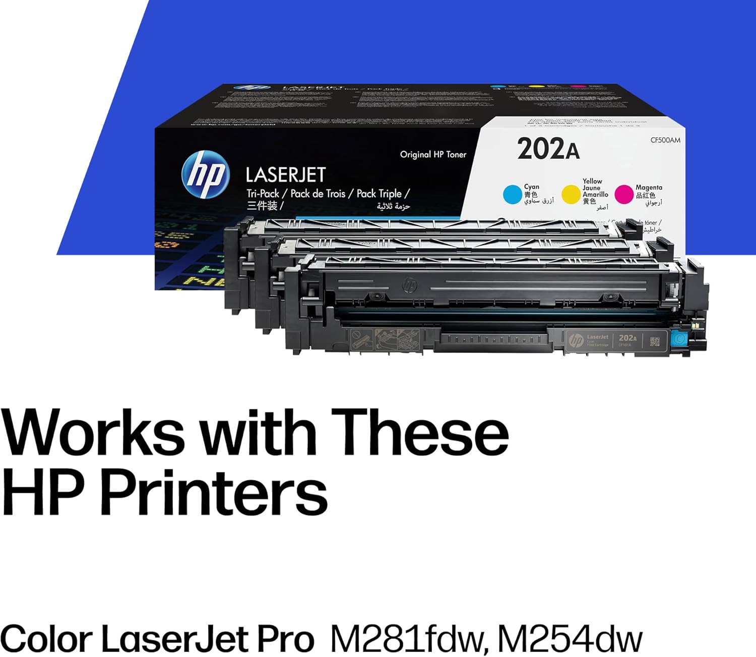 HP 202A Cyan, Magenta, Yellow Toner Cartridges Printers (3-Pack) | Works with Color LaserJet Pro M254, Color LaserJet Pro MFP M281 Series | CF500AM