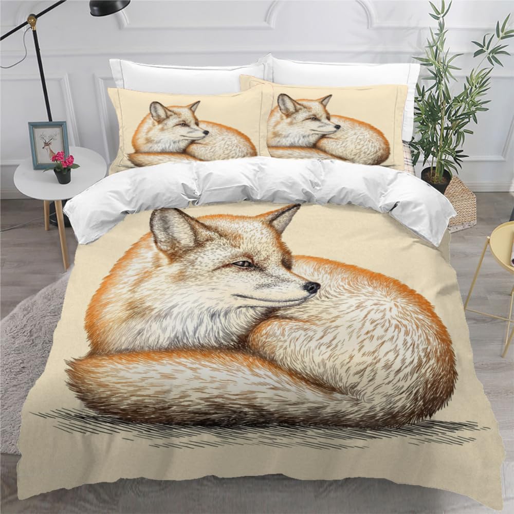 MEVASA Single Bed Kids Bedding Fox Duvet Cover Set Kids Girls Teens Boys Single Bedding Hand Drawn Fox Fluffy Microfiber Hypoallergenic Single Duvet Cover 3 Pieces /135x200