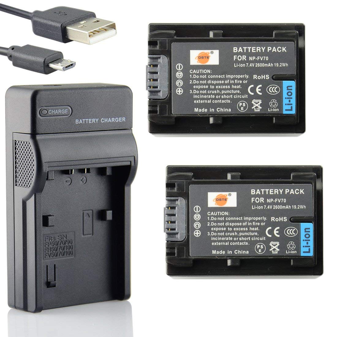 DSTE NP-FV70 Li-ion Battery (2-Pack) and USB Charger for Sony SR15 SR21 SR68 SR88 SX15 SX21 SX45 SX63 SX65 SX83 SX85