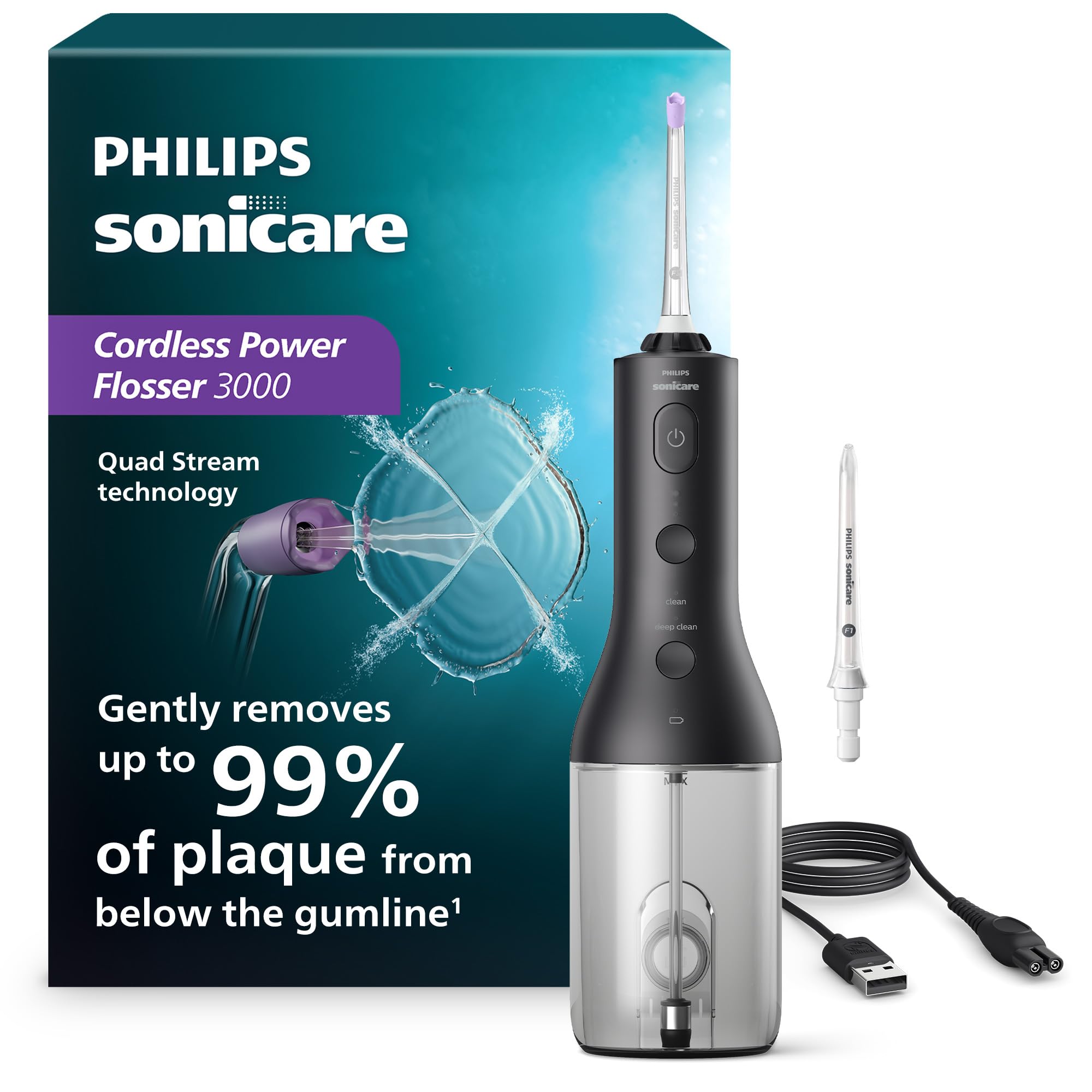 Philips Sonicare Idropulsore wireless 3000 – Idropulsore con tecnologia innovativa Quad Stream, irrigatore orale con 2 modalità di filo interdentale e 3 livelli di pressione, impermeabilità IPX7, nero