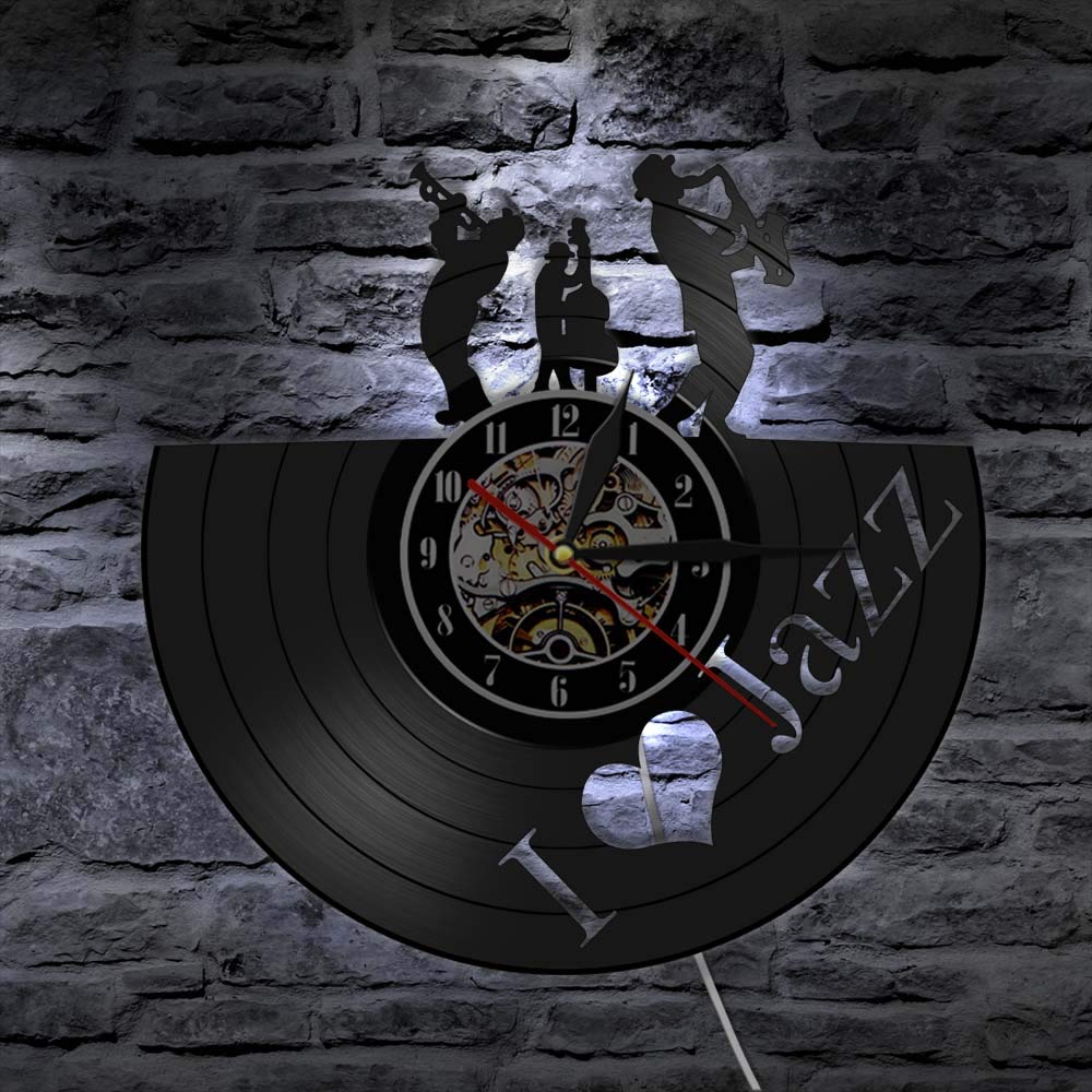 Lettore di musica jazz Orologio da parete Blues Jazz Nota musicale Orologio da parete con dischi in vinile Decorazione artistica Regalo fatto a mano per gli amanti del jazz Orologi da parete appesi
