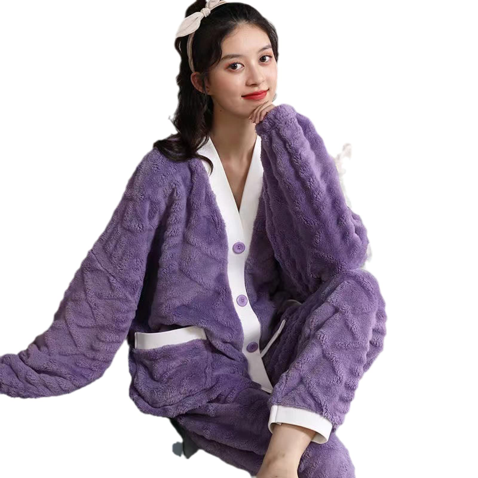 Set Pigiama in Pile Donna -Pigiama da Donna Invernale Set Elegante Dolce Addensare Pigiama di Flanella Calda Pigiama Morbida da Notte Manica Lunga Abbigliamento Domestico Comodo Pigiama