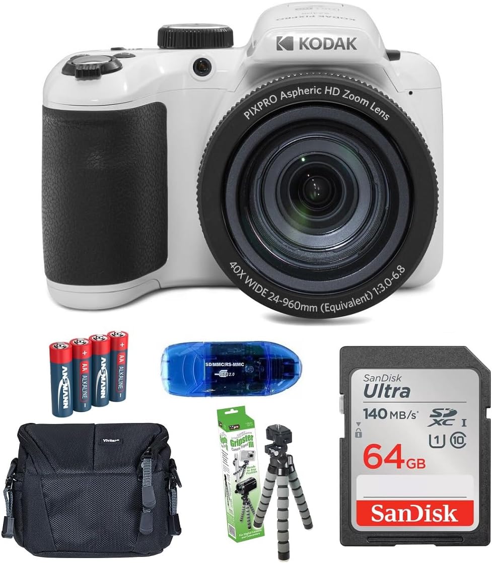 Kodak PIXPRO AZ405 Digital Camera Bundle, Includes: SanDisk 64GB SDXC Memory Card, Small Camera Bag, SD Card Reader and More (6 Items) (White)