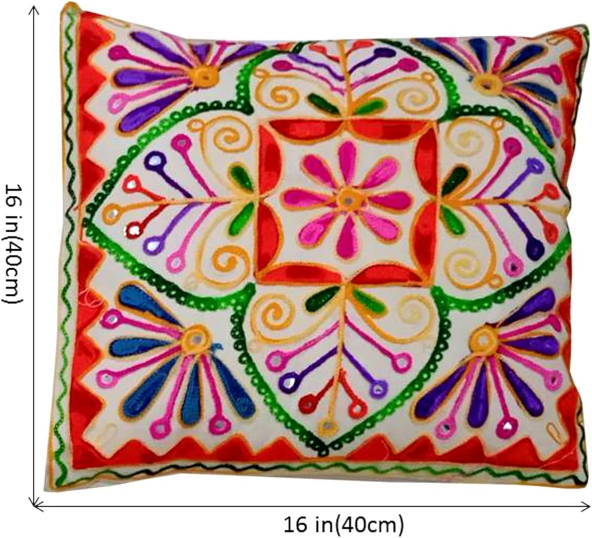 Purpledip Cotton Throw Pillow Cushion Covers 'Mystic Beauty': Ethnic Design Embroidery, Set of 2, 16 Inches (12445L)