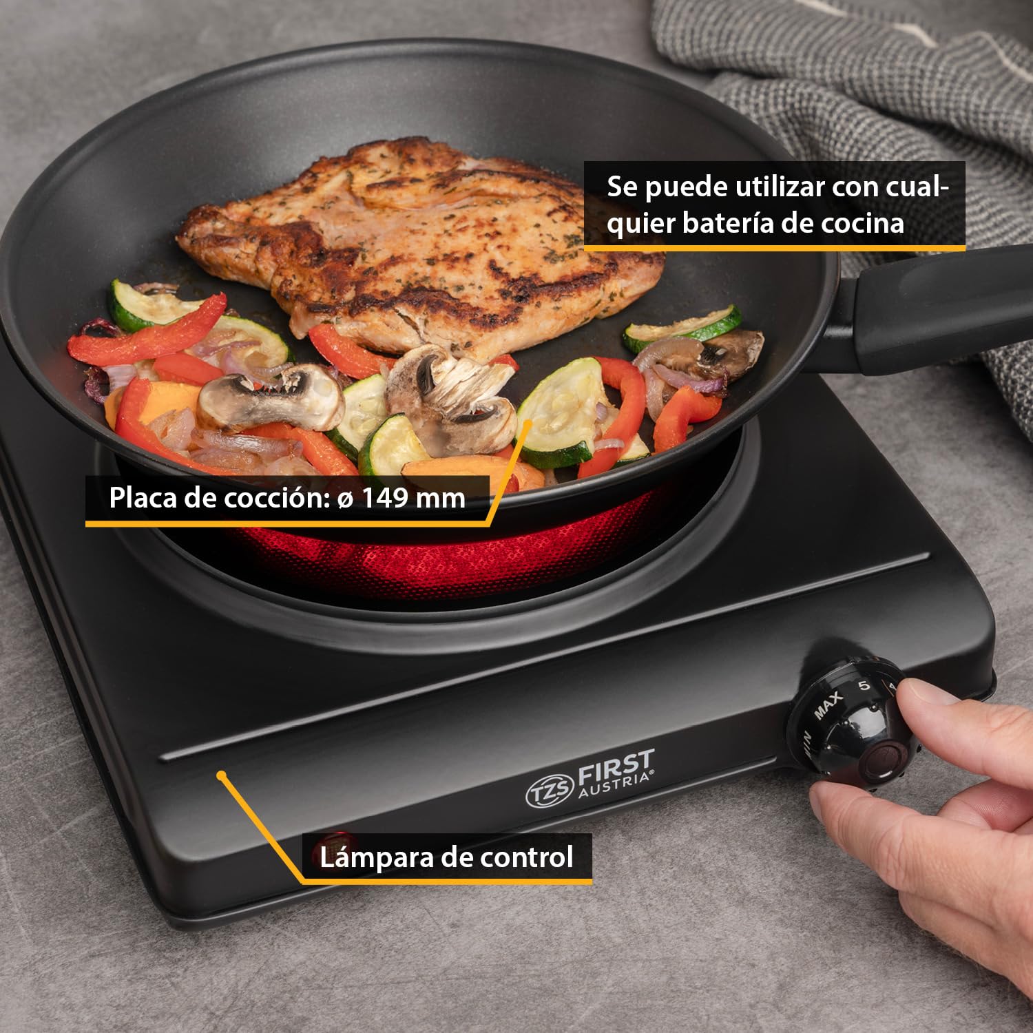 TZS First Austria - Placa de cocción vitrocerámica infrarroja TODOS los tipos de ollas 1250W - Mini hornillo eléctrico individual para mudanza, camping y hogar - Regulación continua y luz indicadora