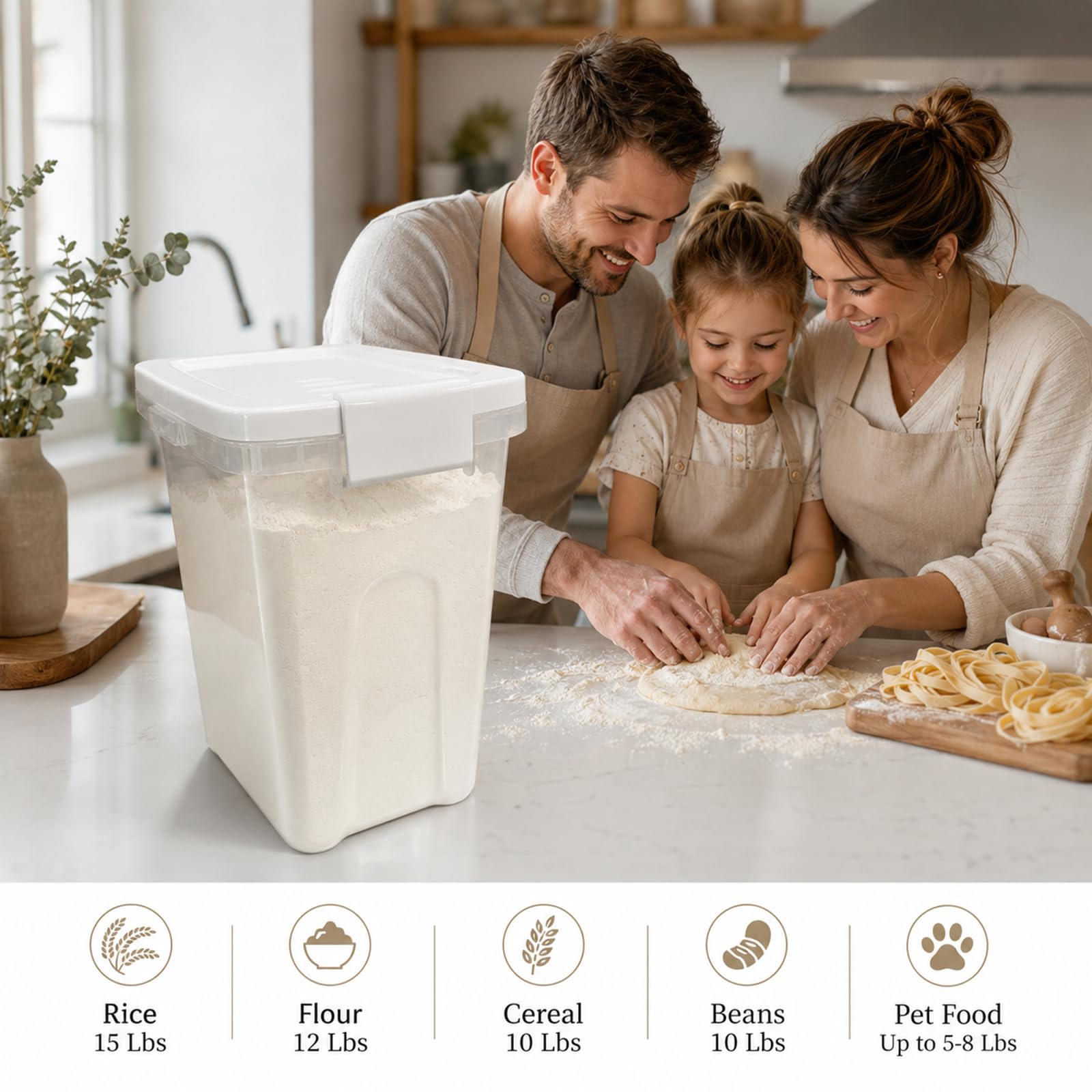 Contenedor de arroz hermético de 15 libras, contenedor hermético para harina con cuchara, contenedor de plástico de grado alimenticio para cereales, azúcar, dispensador de alimentos secos para cocina,