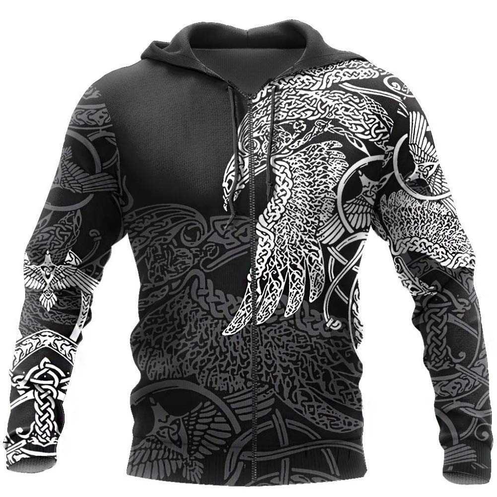 Nordische Viking Odin Rabe Mode Realistische 3D Print Voller Reißverschluss Große Taschen Kordelzug Kapuze Hoodie Pullover, Nordischen Piraten Keltische Nerischen Outdoor Sweatshirt,Zip,S