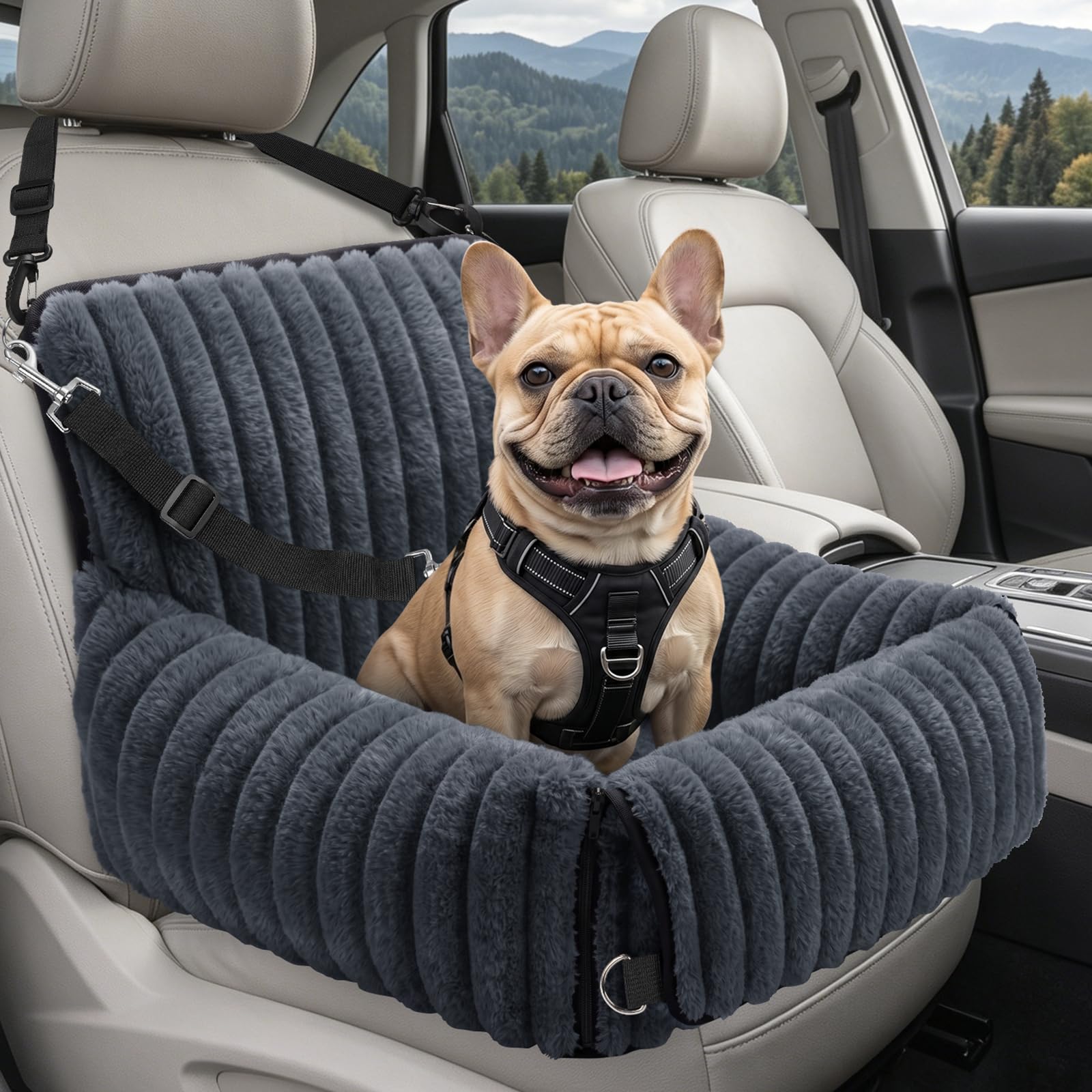 MIXJOY Siège Auto pour Chien, Amovible, pour Chiens de Petite à Moyenne Taille, Laisse Lavable, Rembourrage en Mousse à mémoire de Forme, pour siège arrière et siège Avant, Gris