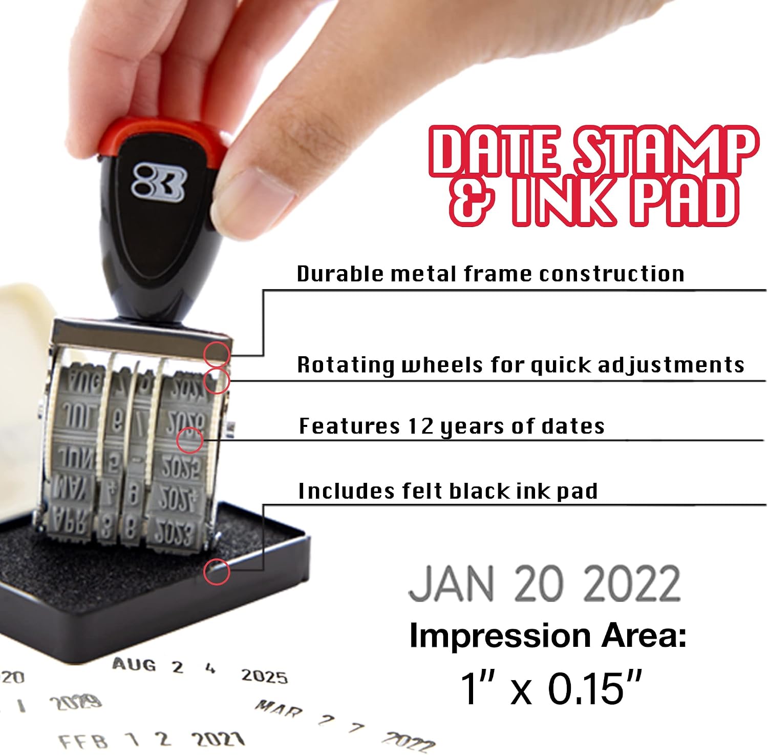 BAZIC Date Stamp and Ink Pad (Black Ink), 12 Years of Dates, Nickel-Plated Steel, Stamp Impression Size 1" x 0.15", Great for Office, Shipping, Receiving, Accounting, Expiration, Due Dates, 1-Pack