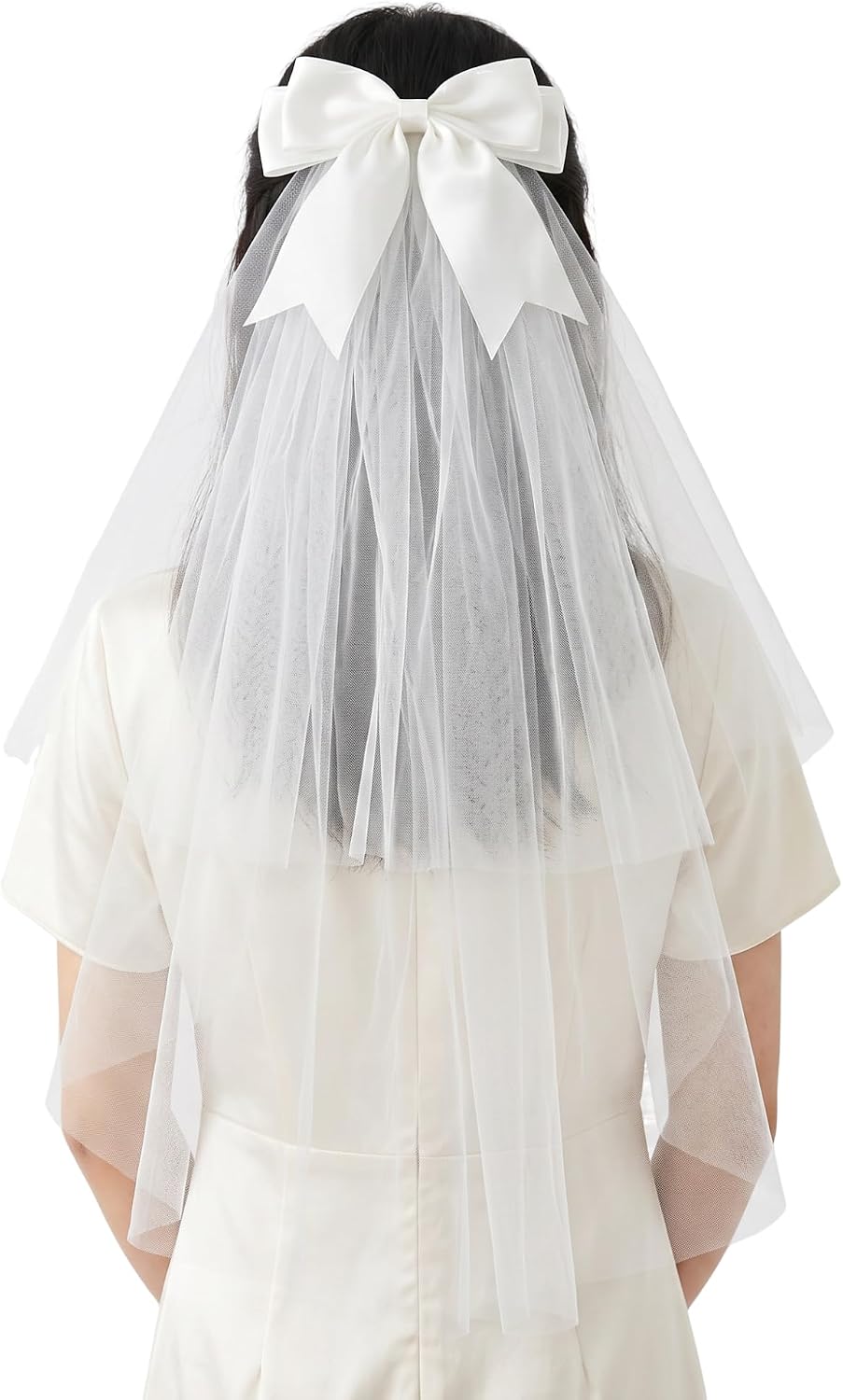 White bow bridal veil,double-layered tulle bridal veil with a bow,bridesmaids’ party veil,bridal wedding accessories