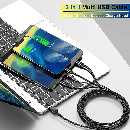 Miniatura 2 de Cable de carga múltiple 2 unidades de 6 pies 3 en 1 cable de carga rápida múltiple de nailon trenzado con puertos IPtipo Cmicro USB para teléfonos