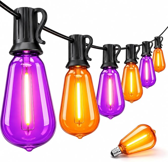 Abeja ST40 Purple and Orange Halloween Lights,10FT Outdoor LED Halloween String Lights with 11 Orange/Purple Flame Bulbs,Hanging Decorative Light String for Garden Porch Gazebo Bistro,Black Wire