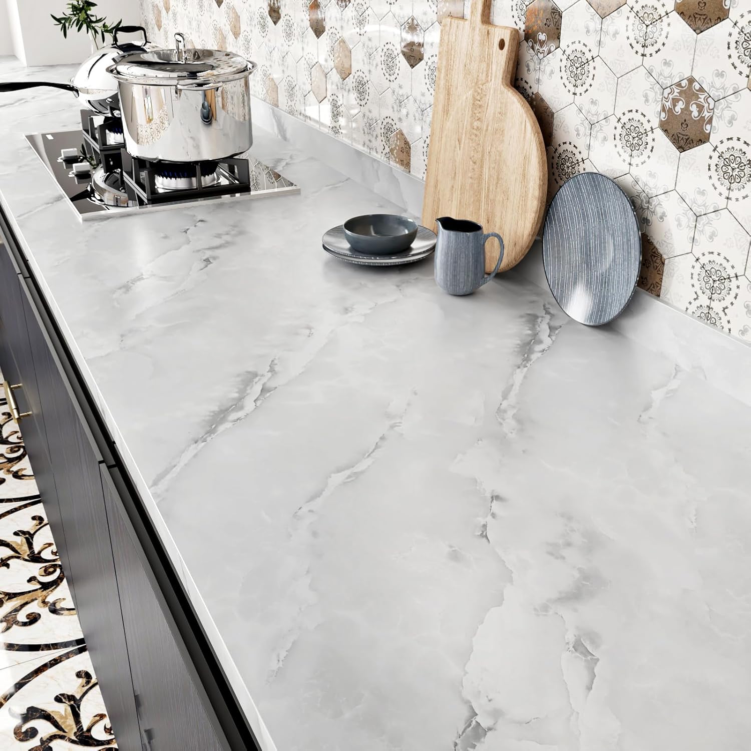 Grey White Marble Contact Paper Peel and Stick Countertops 15.7"x78.8" Glossy Waterproof Marble Wallpaper for Kitchen Cabinets Removable Contact Paper for Backsplash Counter Tops Cover Vinyl