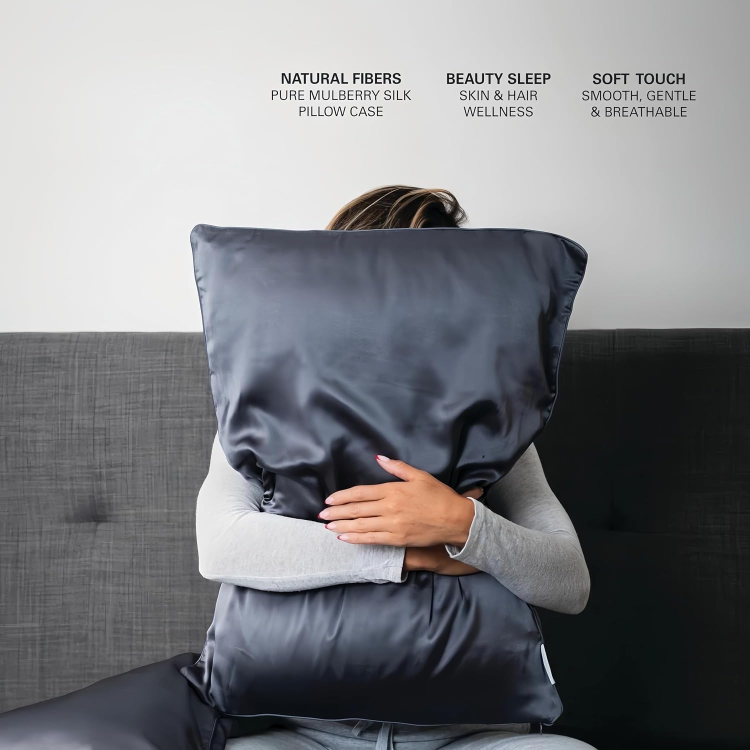 Dream Restore Silk Pillow Protector with Zipper, 100% Mulberry Silk, Charcoal, Standard/Queen Size, Hypoallergenic and Cooling for Hair and Skin