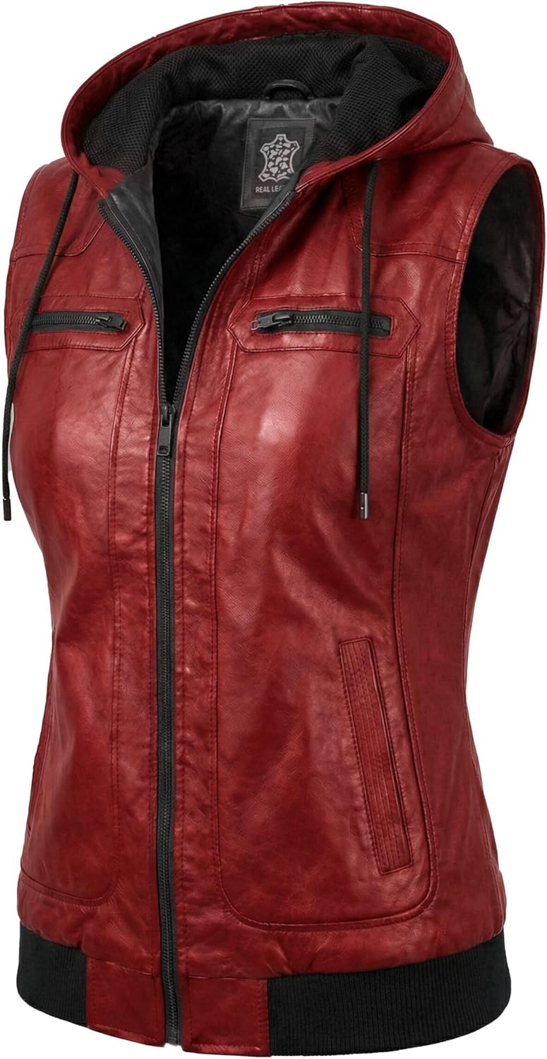 Womens Leather Vest with Hood - Real Lambskin Classic Hooded Leather Motorcycle Vest Women