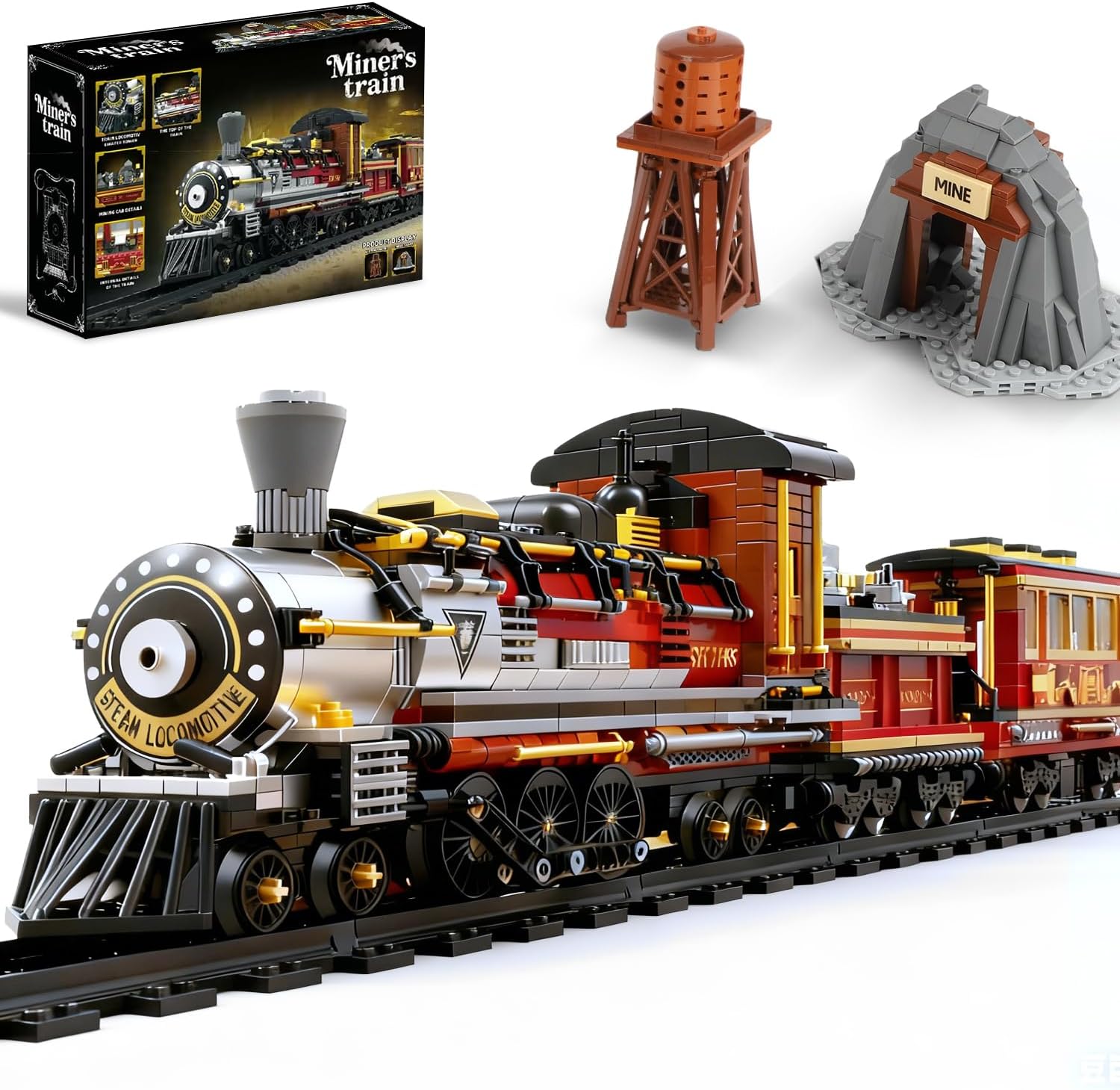 Western Mining Steam Train Building Blocks, West Articulated Locomotive Brick Set – Compatible with Lego Train Set, Premium Model Train Gift for Adult Collectors