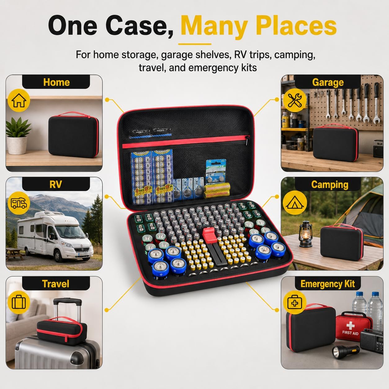GWCASE Battery Organizer Storage Case with Tester, Holds 150+ AA AAA 9V C D and Coin Cell Batteries, Hard Shell Storage Box for Home & Garage, Black